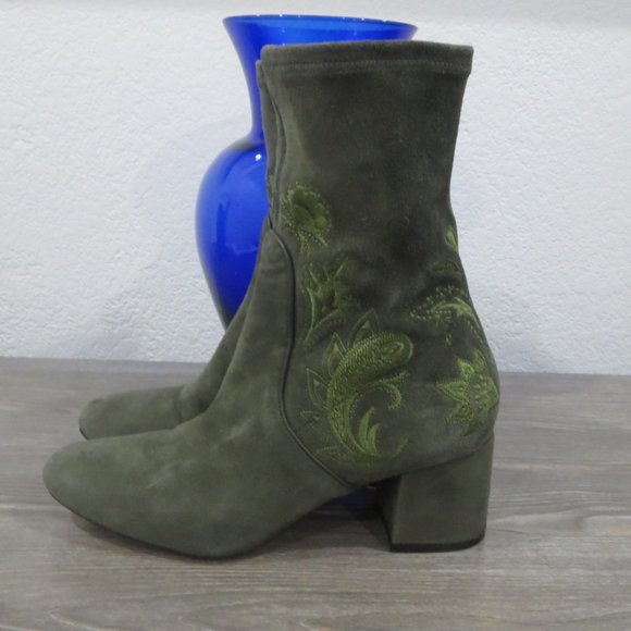 Rachel Zoe Olive Army Green Suede Embroidered Boots Block Heel 7 Boho Paisley - Picture 4 of 16